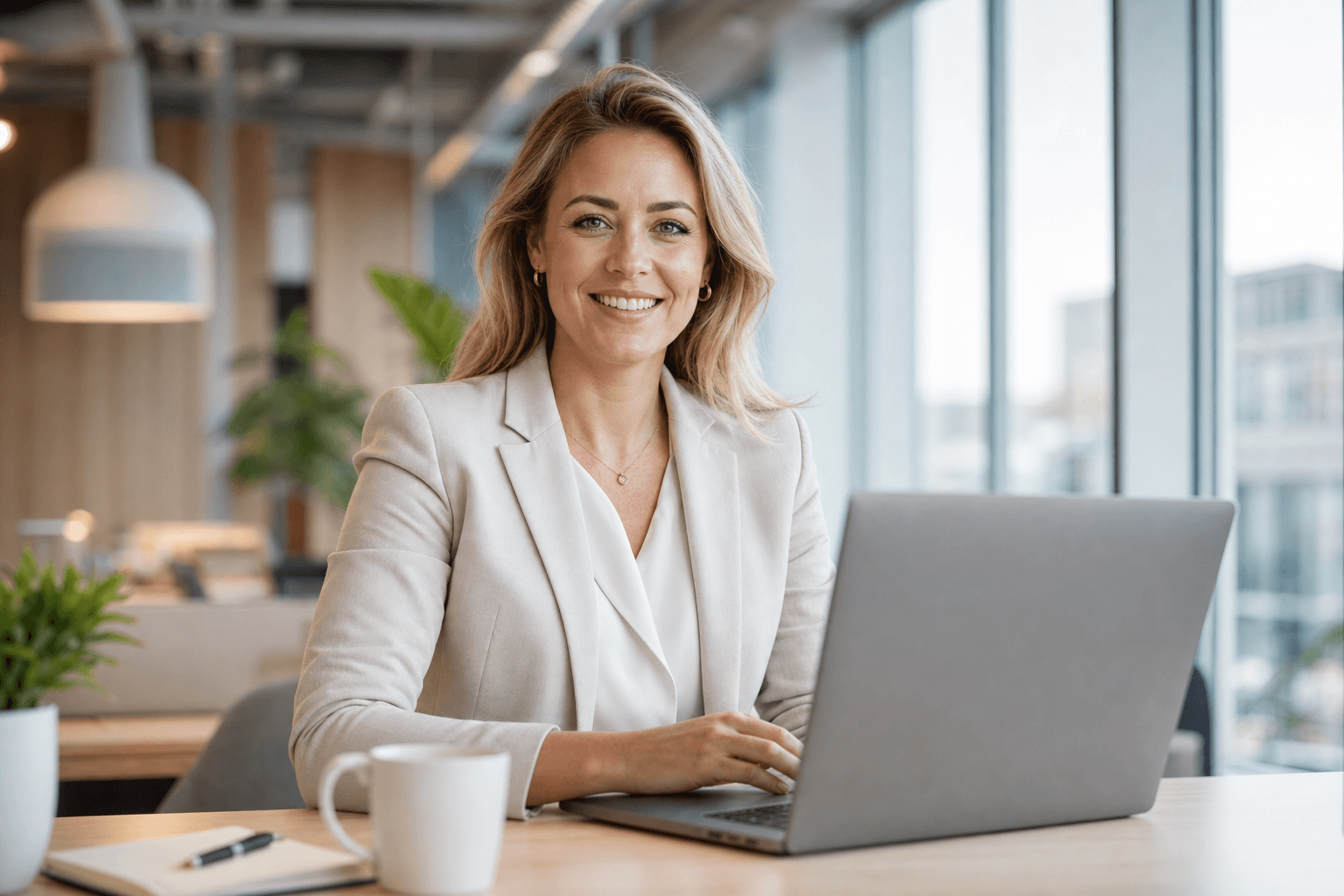 Bedriftsleder smiler ved laptop i moderne kontor